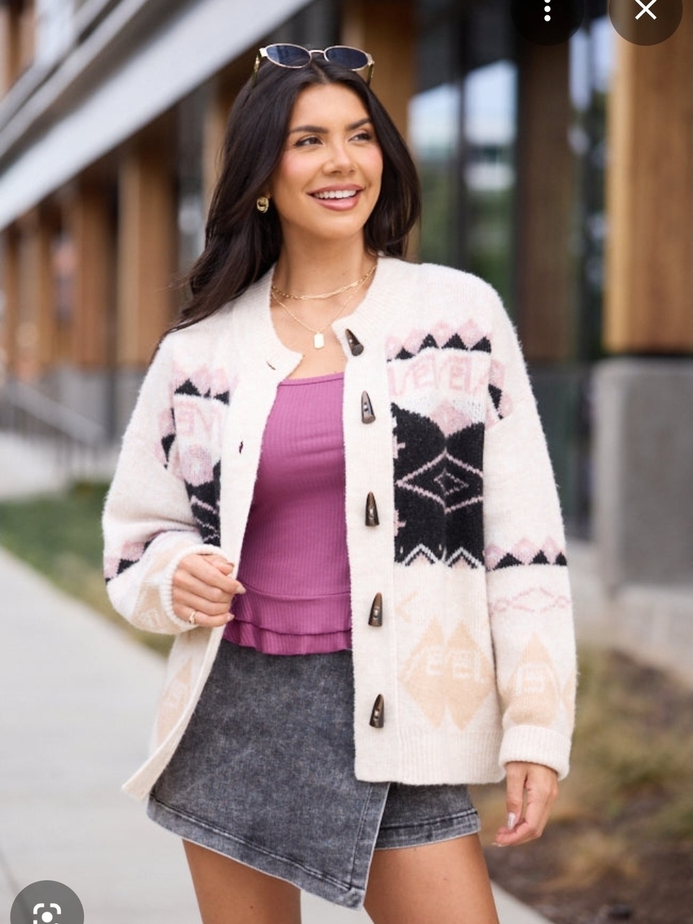 Pink Lily Cream Cardigan with Black & Blush Aztec Motif